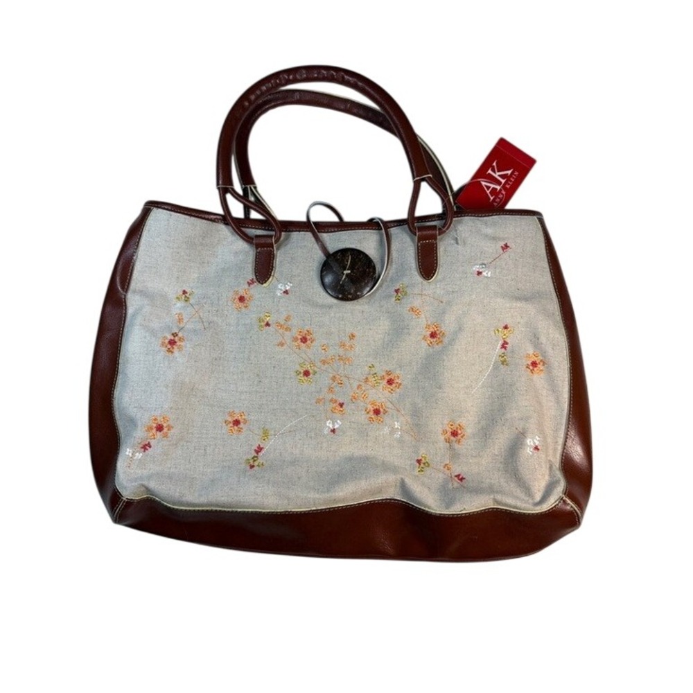 Anne Klein Tote Bag Women's Brown Beige Floral Embroidered Linen New